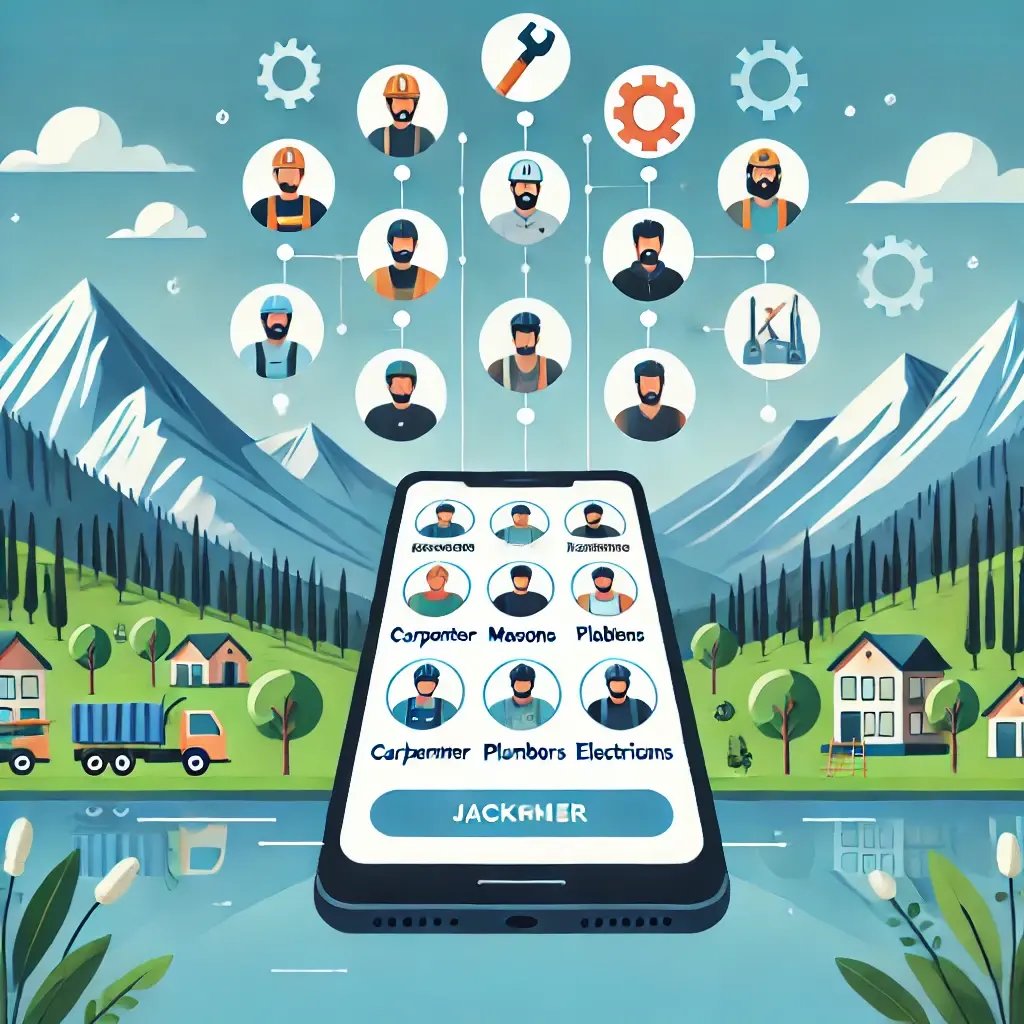 Illustration of a digital platform by HR Kashmir connecting skilled workers like carpenters, masons, plumbers, and electricians with households and businesses in Kashmir. The background features a serene Kashmiri landscape with mountains, a lake, and lush greenery, emphasizing the blend of technology and the region's natural beauty.